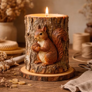 Woodland Squirrel Tree Stump Decorative Candle
